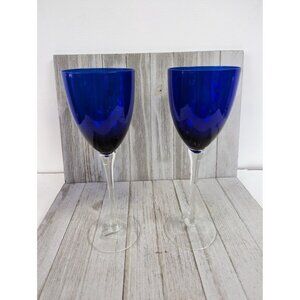 Vintage Set of 2 Hand Blown Cobalt Blue With Clear Stem Wine Glasses 10"